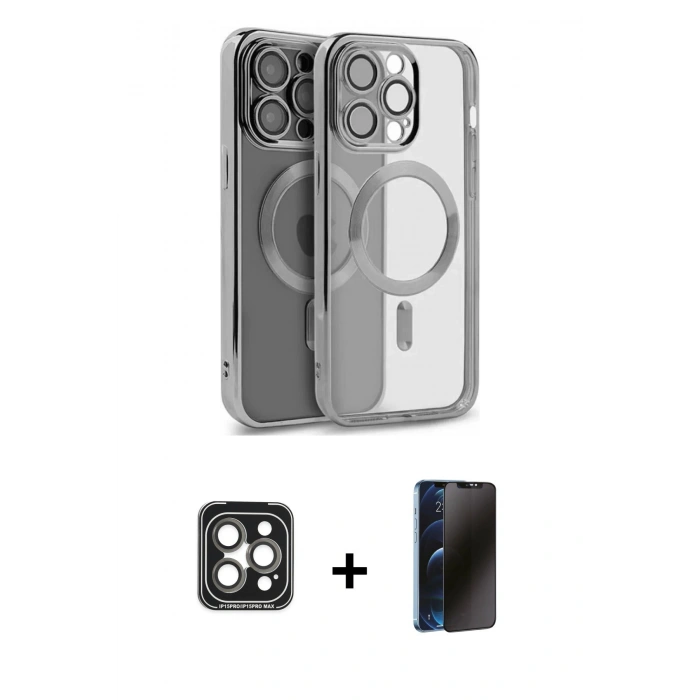 MARSİLYAN™- iPhone 15 Pro Max Kılıf Nova Işık Özel Seri - Siyah 3D Antistatik Hayalet Cam Ekran Koruyucu + PVD Metal Kamera Lens - GI