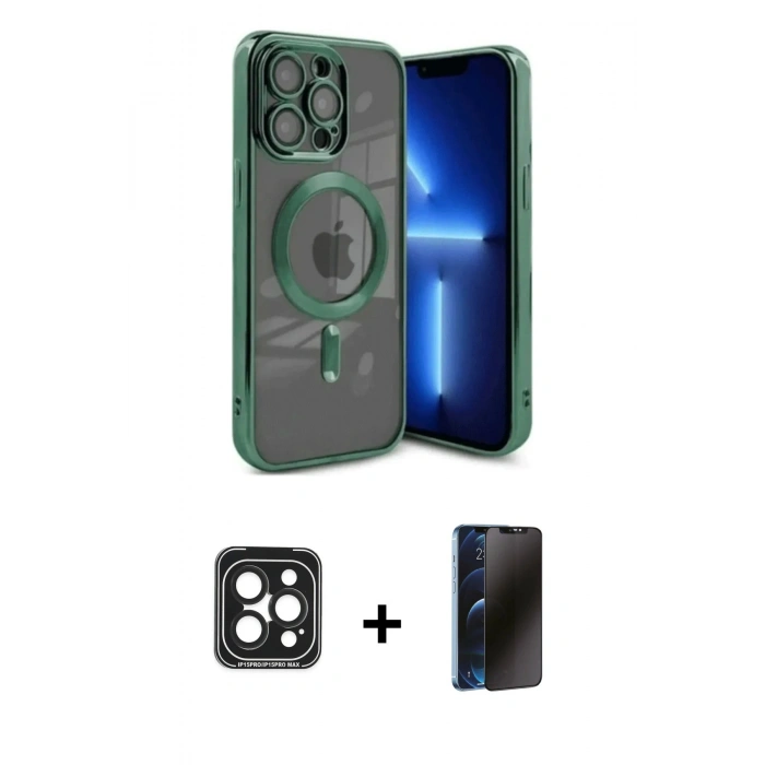 MARSİLYAN™- iPhone 15 Pro Max Kılıf Nova Işık Özel Seri - Siyah 3D Antistatik Hayalet Cam Ekran Koruyucu + PVD Metal Kamera Lens - SH
