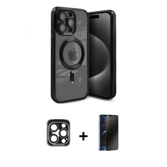 MARSİLYAN™- iPhone 15 Pro Max Kılıf Nova Işık Özel Seri - Siyah 3D Antistatik Hayalet Cam Ekran Koruyucu + PVD Metal Kamera Lens - LT