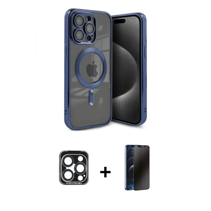 MARSİLYAN™- iPhone 15 Pro Max Kılıf Nova Işık Özel Seri - Siyah 3D Antistatik Hayalet Cam Ekran Koruyucu + PVD Metal Kamera Lens - LT