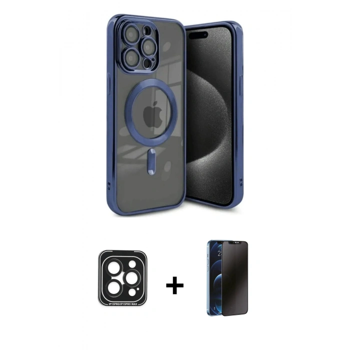 MARSİLYAN™- iPhone 15 Pro Max Kılıf Nova Işık Özel Seri - Siyah 3D Antistatik Hayalet Cam Ekran Koruyucu + PVD Metal Kamera Lens - SH