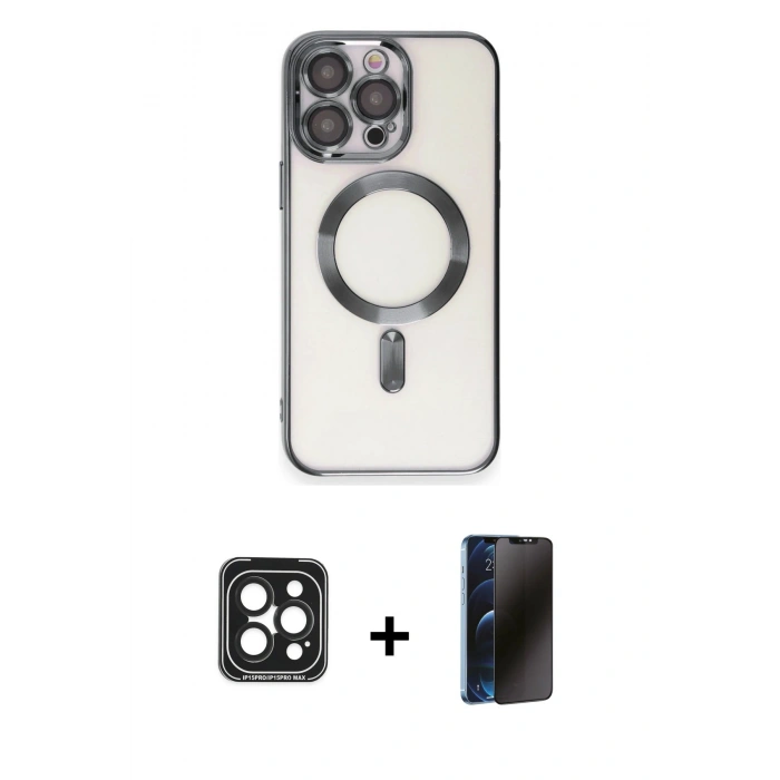 MARSİLYAN™- iPhone 15 Pro Max Kılıf Nova Işık Özel Seri - Siyah 3D Antistatik Hayalet Cam Ekran Koruyucu + PVD Metal Kamera Lens - SH