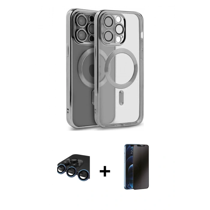 MARSİLYAN™- iPhone 15 Pro Max Kılıf Nova Işık Özel Seri - Siyah 3D Antistatik Hayalet Cam Ekran Koruyucu + Lacivert Raze Metal Kamera Lens