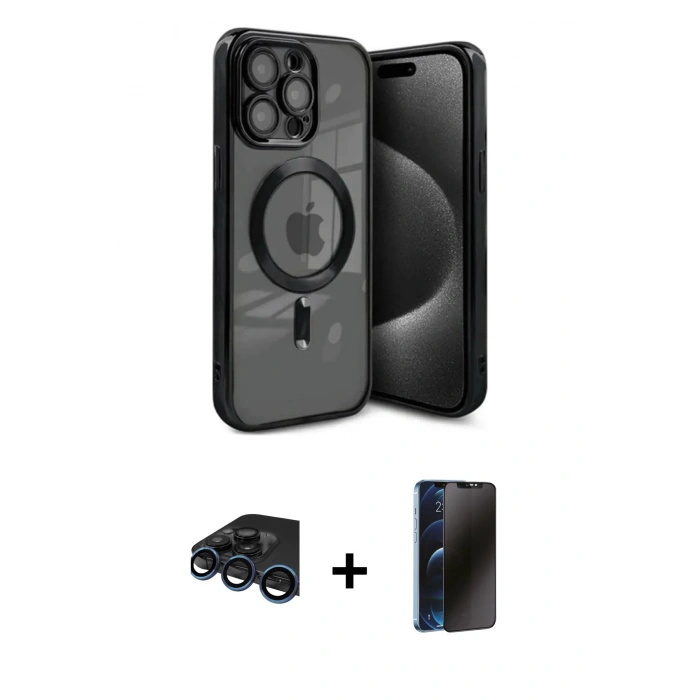 MARSİLYAN™- iPhone 15 Pro Max Kılıf Nova Işık Özel Seri - Siyah 3D Antistatik Hayalet Cam Ekran Koruyucu + Lacivert Raze Metal Kamera Lens