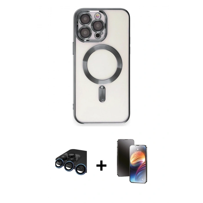 MARSİLYAN™- iPhone 15 Pro Max Kılıf Nova Işık Özel Seri - Siyah 3D Antistatik Mat Seramik Nano Ekran Koruyucu + Lacivert Raze Metal Kamera Lens