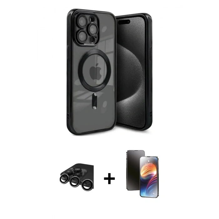 MARSİLYAN™- iPhone 15 Pro Max Kılıf Nova Işık Özel Seri - Siyah 3D Antistatik Mat Seramik Nano Ekran Koruyucu + Raze Metal Kamera Lens - TMGI