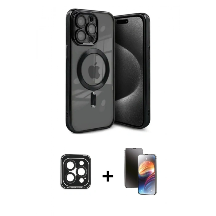 MARSİLYAN™- iPhone 15 Pro Max Kılıf Nova Işık Özel Seri - Siyah 3D Antistatik Mat Seramik Nano Ekran Koruyucu + PVD Metal Kamera Lens - SH