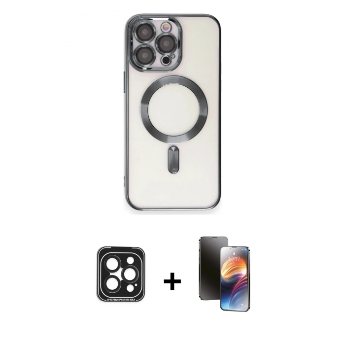 MARSİLYAN™- iPhone 15 Pro Max Kılıf Nova Işık Özel Seri - Siyah 3D Antistatik Mat Seramik Nano Ekran Koruyucu + Siyah PVD Metal Kamera Lens