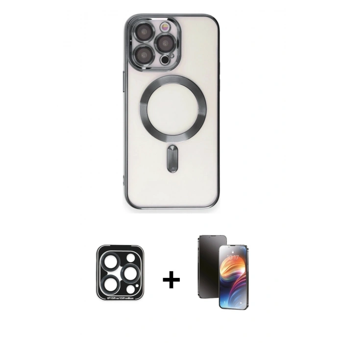 MARSİLYAN™- iPhone 15 Pro Max Kılıf Nova Işık Özel Seri - Siyah 3D Antistatik Mat Seramik Nano Ekran Koruyucu + PVD Metal Kamera Lens - LT