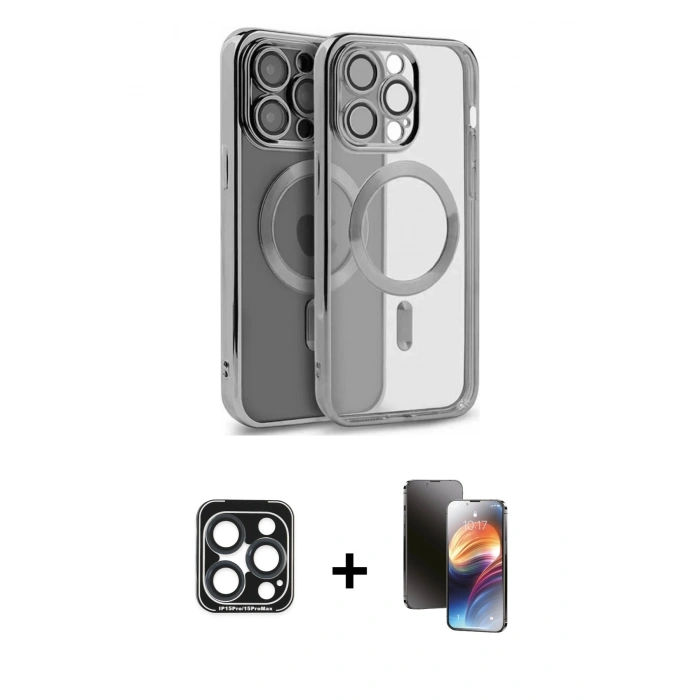 MARSİLYAN™- iPhone 15 Pro Max Kılıf Nova Işık Özel Seri - Siyah 3D Antistatik Mat Seramik Nano Ekran Koruyucu + PVD Metal Kamera Lens - LT