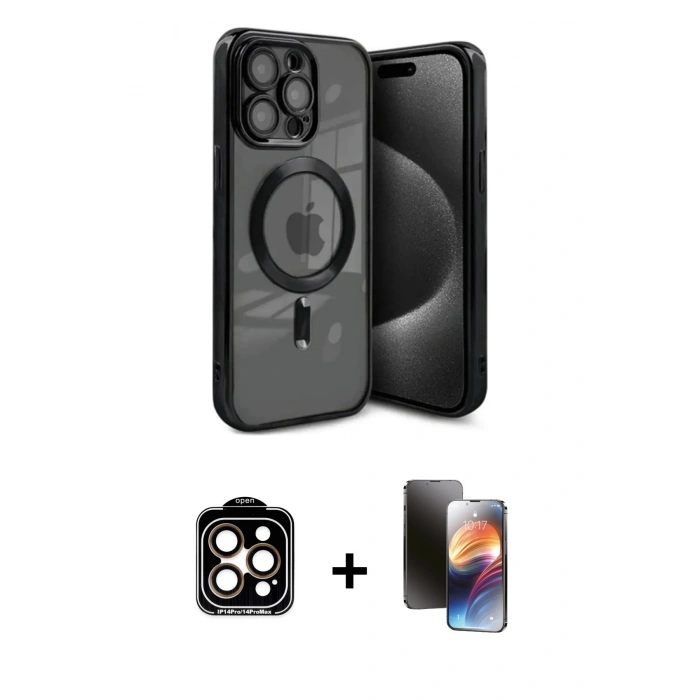 MARSİLYAN™- iPhone 15 Pro Max Kılıf Nova Işık Özel Seri - Siyah 3D Antistatik Mat Seramik Nano Ekran Koruyucu + PVD Metal Kamera Lens - TU