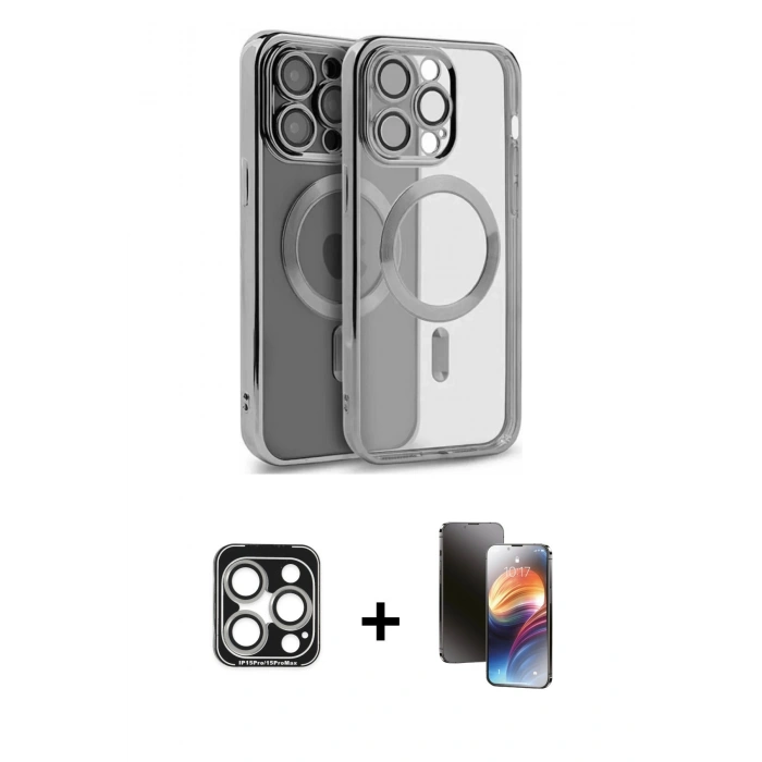 MARSİLYAN™- iPhone 15 Pro Max Kılıf Nova Işık Özel Seri - Siyah 3D Antistatik Mat Seramik Nano Ekran Koruyucu + PVD Metal Kamera Lens - GS