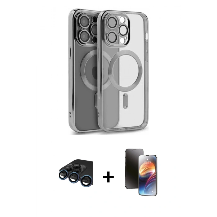 MARSİLYAN™- iPhone 15 Pro Max Kılıf Nova Işık Özel Seri - Siyah 3D Antistatik Mat Seramik Nano Ekran Koruyucu + Lacivert Raze Metal Kamera Lens