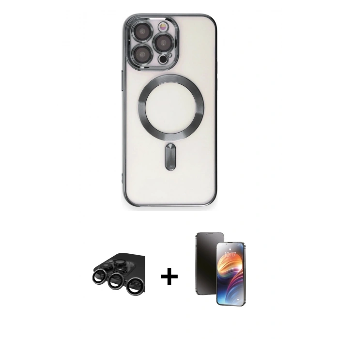 MARSİLYAN™- iPhone 15 Pro Max Kılıf Nova Işık Özel Seri - Siyah 3D Antistatik Mat Seramik Nano Ekran Koruyucu + Raze Metal Kamera Lens - TMGI