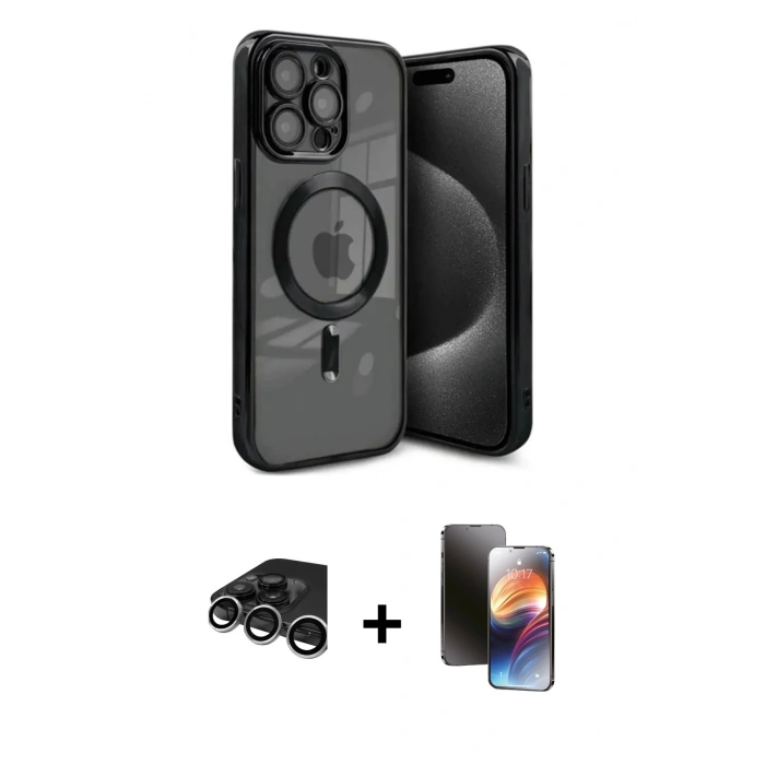 MARSİLYAN™- iPhone 15 Pro Max Kılıf Nova Işık Özel Seri - Siyah 3D Antistatik Mat Seramik Nano Ekran Koruyucu + Raze Metal Kamera Lens - GS