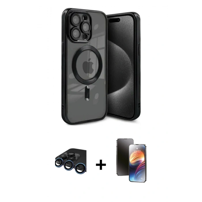 MARSİLYAN™- iPhone 15 Pro Max Kılıf Nova Işık Özel Seri - Siyah 3D Antistatik Mat Seramik Nano Ekran Koruyucu + Lacivert Raze Metal Kamera Lens