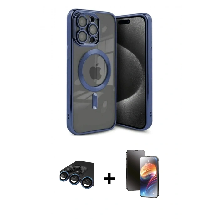 MARSİLYAN™- iPhone 15 Pro Max Kılıf Nova Işık Özel Seri - Siyah 3D Antistatik Mat Seramik Nano Ekran Koruyucu + Lacivert Raze Metal Kamera Lens