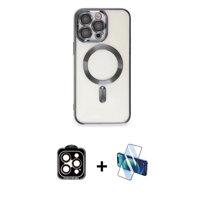 MARSİLYAN™- iPhone 15 Pro Max Kılıf Nova Işık Özel Seri - Siyah 3D Antistatik Seramik Nano Ekran Koruyucu + Turuncu PVD Metal Kamera Lens