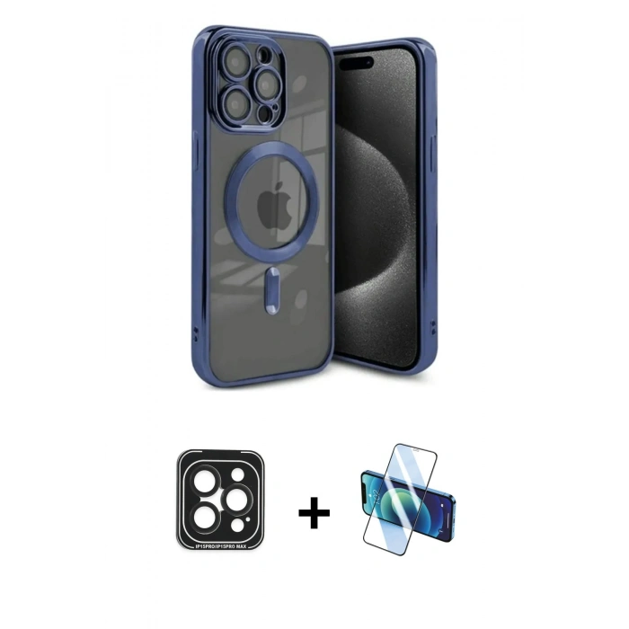MARSİLYAN™- iPhone 15 Pro Max Kılıf Nova Işık Özel Seri - Siyah 3D Antistatik Seramik Nano Ekran Koruyucu + PVD Metal Kamera Lens - SH