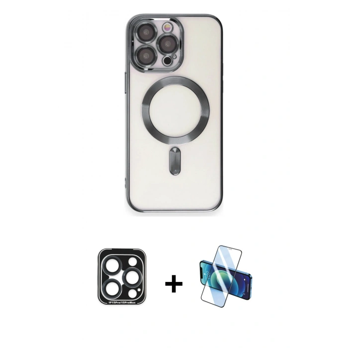 MARSİLYAN™- iPhone 15 Pro Max Kılıf Nova Işık Özel Seri - Siyah 3D Antistatik Seramik Nano Ekran Koruyucu + PVD Metal Kamera Lens - LT