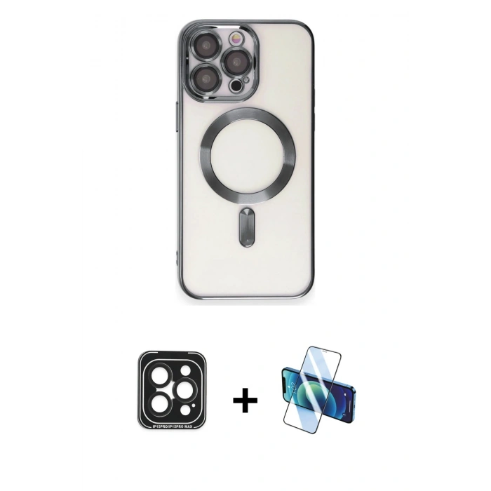 MARSİLYAN™- iPhone 15 Pro Max Kılıf Nova Işık Özel Seri - Siyah 3D Antistatik Seramik Nano Ekran Koruyucu + PVD Metal Kamera Lens - SH