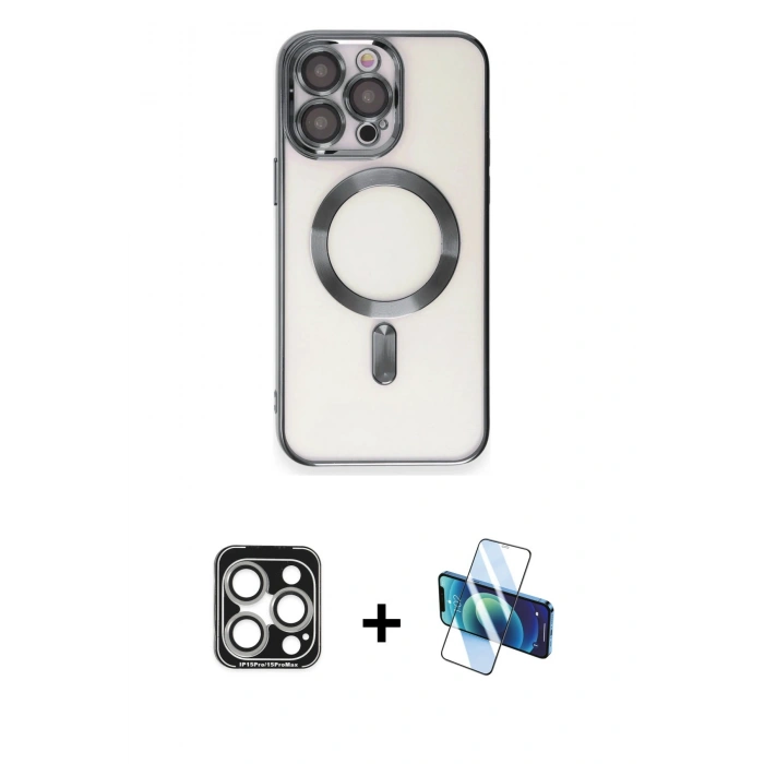 MARSİLYAN™- iPhone 15 Pro Max Kılıf Nova Işık Özel Seri - Siyah 3D Antistatik Seramik Nano Ekran Koruyucu + PVD Metal Kamera Lens - GS