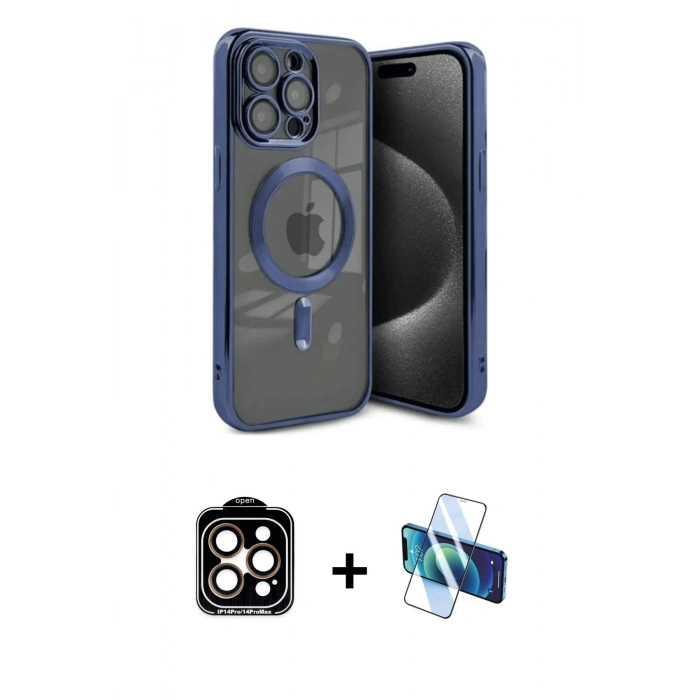MARSİLYAN™- iPhone 15 Pro Max Kılıf Nova Işık Özel Seri - Siyah 3D Antistatik Seramik Nano Ekran Koruyucu + Turuncu PVD Metal Kamera Lens
