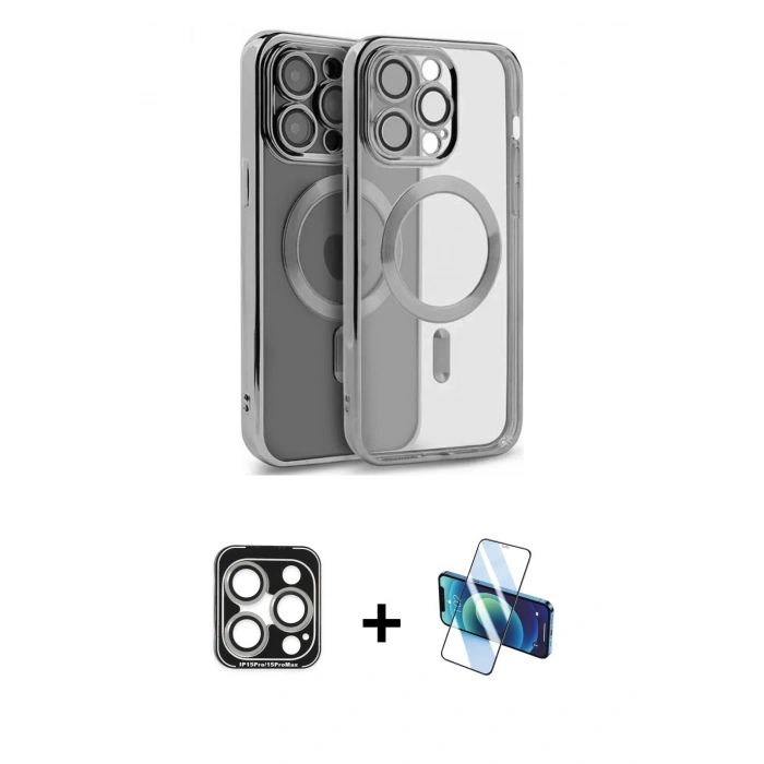 MARSİLYAN™- iPhone 15 Pro Max Kılıf Nova Işık Özel Seri - Siyah 3D Antistatik Seramik Nano Ekran Koruyucu + PVD Metal Kamera Lens - GS