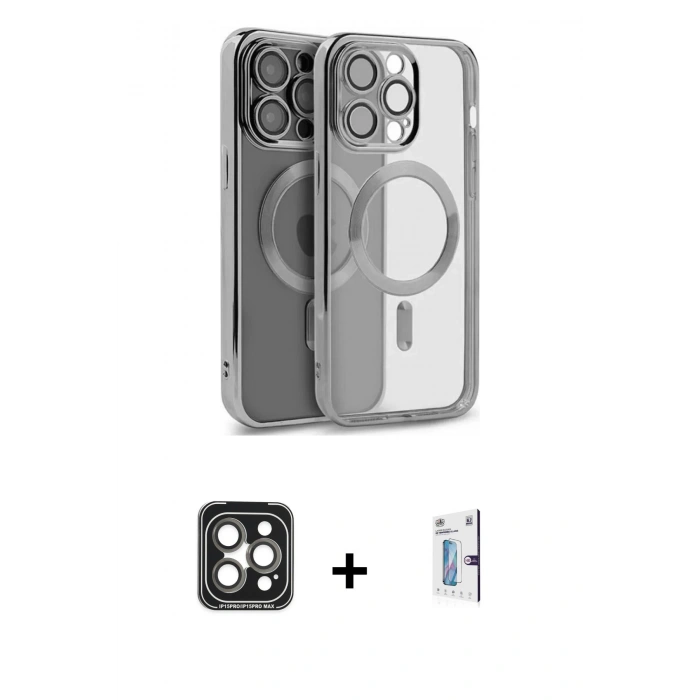 MARSİLYAN™- iPhone 15 Pro Max Kılıf Nova Işık Özel Seri - Siyah Bilvis 0.18mm Plus Cam Ekran Koruyucu + PVD Metal Kamera Lens - GI