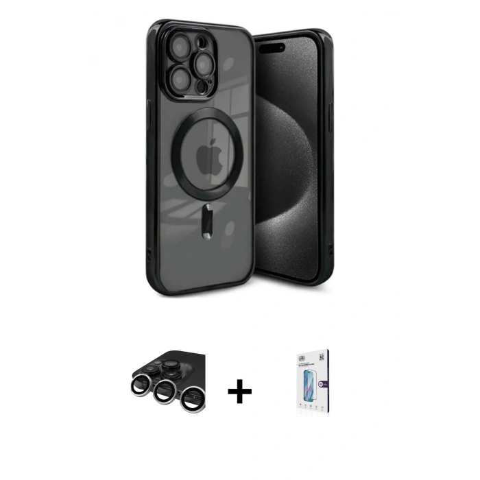 MARSİLYAN™- iPhone 15 Pro Max Kılıf Nova Işık Özel Seri - Siyah Bilvis 0.18mm Plus Cam Ekran Koruyucu + Raze Metal Kamera Lens - GS