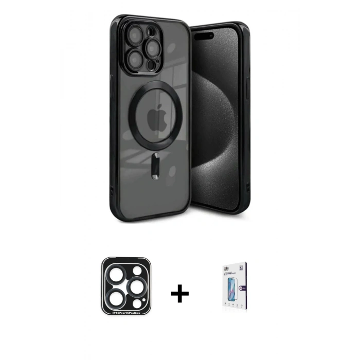 MARSİLYAN™- iPhone 15 Pro Max Kılıf Nova Işık Özel Seri - Siyah Bilvis 0.18mm Plus Cam Ekran Koruyucu + PVD Metal Kamera Lens - LT