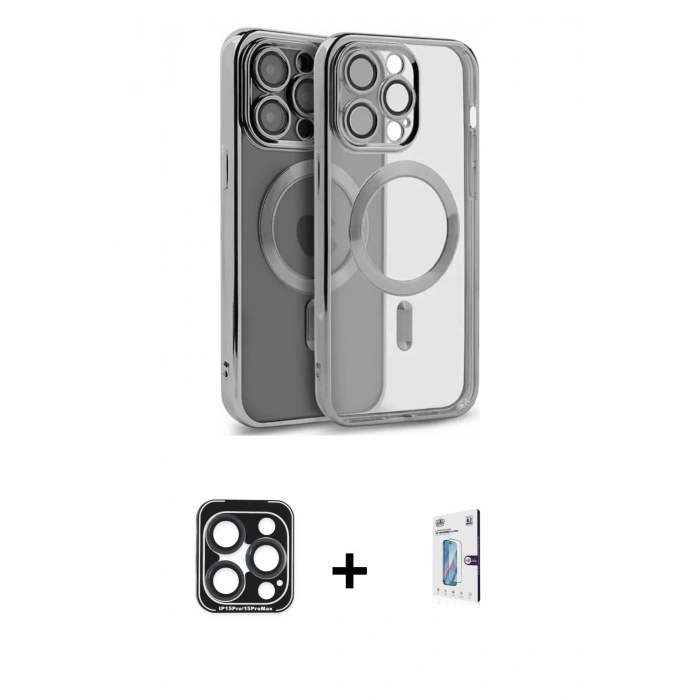 MARSİLYAN™- iPhone 15 Pro Max Kılıf Nova Işık Özel Seri - Siyah Bilvis 0.18mm Plus Cam Ekran Koruyucu + PVD Metal Kamera Lens - LT