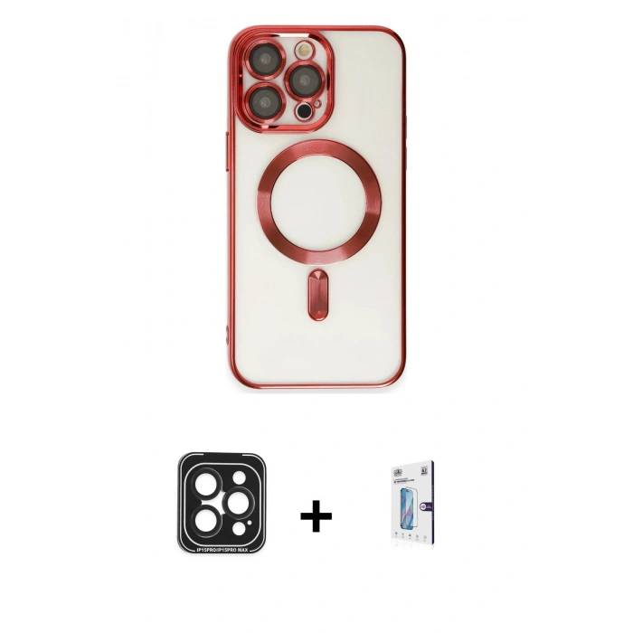 MARSİLYAN™- iPhone 15 Pro Max Kılıf Nova Işık Özel Seri - Siyah Bilvis 0.18mm Plus Cam Ekran Koruyucu + PVD Metal Kamera Lens - SH