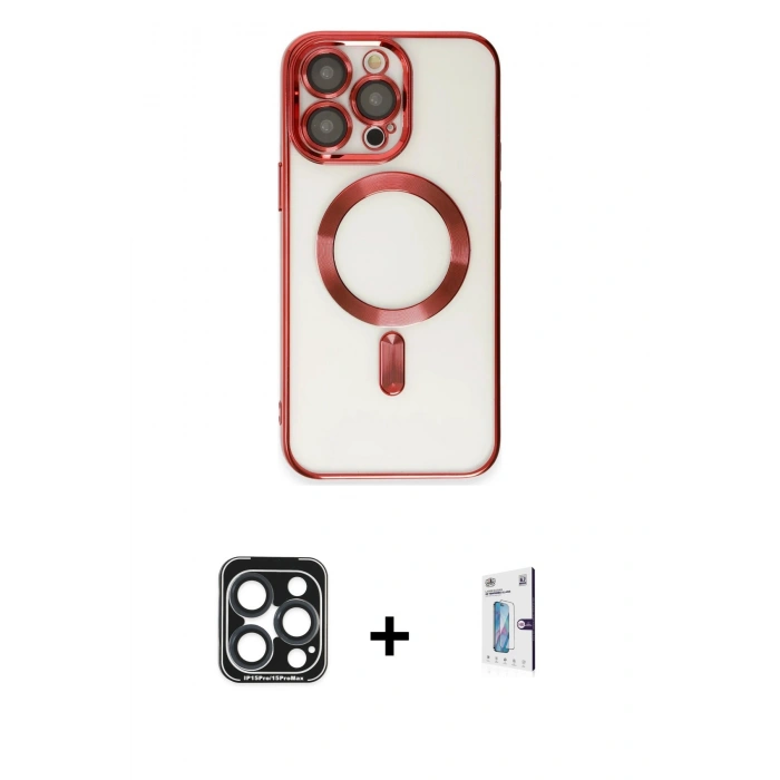 MARSİLYAN™- iPhone 15 Pro Max Kılıf Nova Işık Özel Seri - Siyah Bilvis 0.18mm Plus Cam Ekran Koruyucu + PVD Metal Kamera Lens - LT