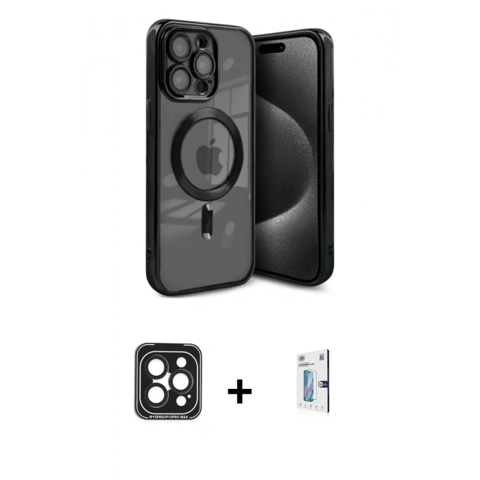 MARSİLYAN™- iPhone 15 Pro Max Kılıf Nova Işık Özel Seri - Siyah Bilvis 0.18mm Plus Cam Ekran Koruyucu + PVD Metal Kamera Lens - SH