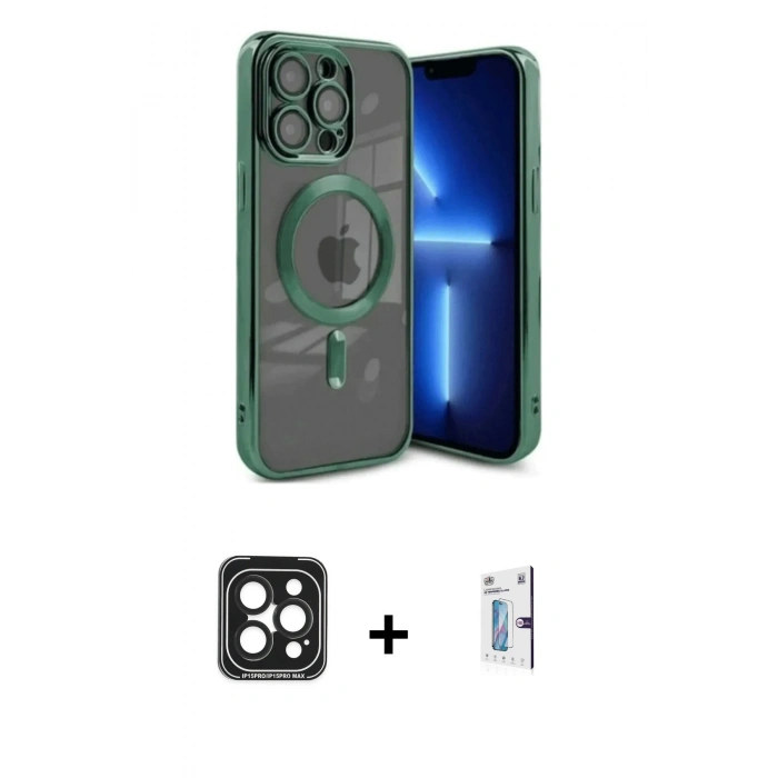 MARSİLYAN™- iPhone 15 Pro Max Kılıf Nova Işık Özel Seri - Siyah Bilvis 0.18mm Plus Cam Ekran Koruyucu + PVD Metal Kamera Lens - SH