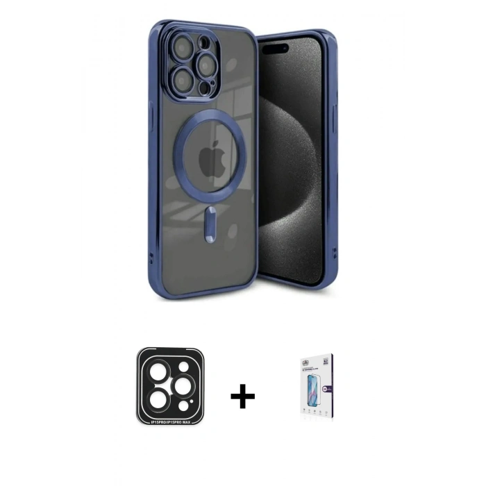MARSİLYAN™- iPhone 15 Pro Max Kılıf Nova Işık Özel Seri - Siyah Bilvis 0.18mm Plus Cam Ekran Koruyucu + PVD Metal Kamera Lens - SH