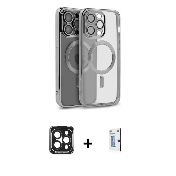 MARSİLYAN™- iPhone 15 Pro Max Kılıf Nova Işık Özel Seri - Siyah Bilvis 0.18mm Plus Cam Ekran Koruyucu + PVD Metal Kamera Lens - SH