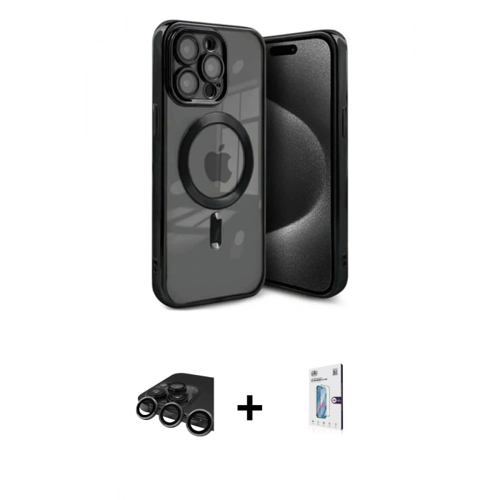 MARSİLYAN™- iPhone 15 Pro Max Kılıf Nova Işık Özel Seri - Siyah Bilvis 0.18mm Plus Cam Ekran Koruyucu + Raze Metal Kamera Lens - TMGI