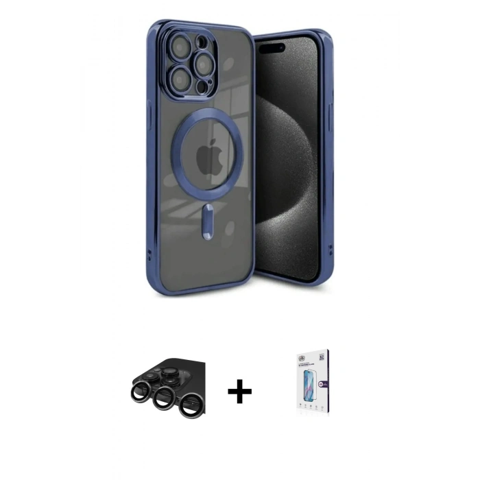 MARSİLYAN™- iPhone 15 Pro Max Kılıf Nova Işık Özel Seri - Siyah Bilvis 0.18mm Plus Cam Ekran Koruyucu + Raze Metal Kamera Lens - TMGI