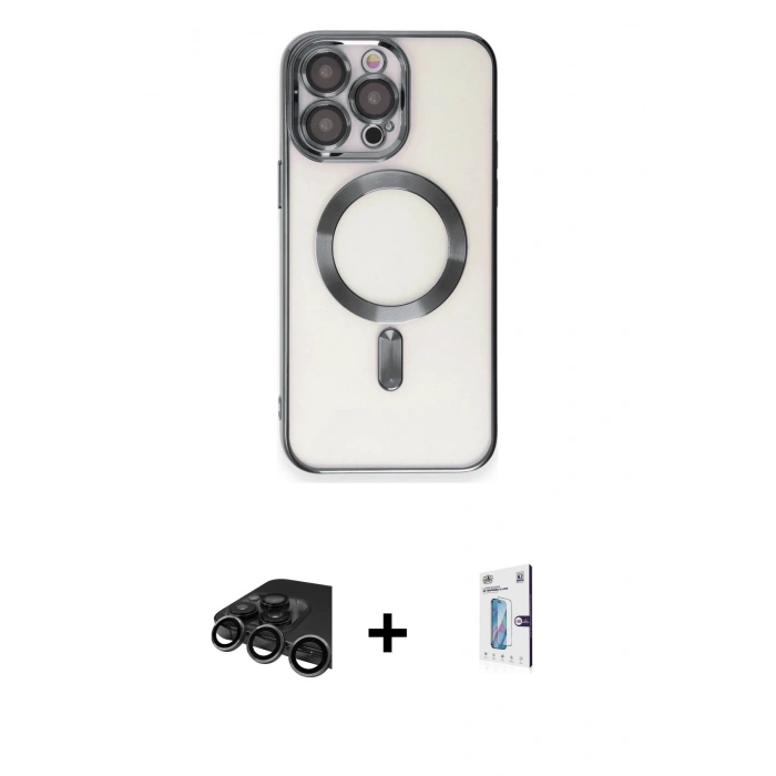 MARSİLYAN™- iPhone 15 Pro Max Kılıf Nova Işık Özel Seri - Siyah Bilvis 0.18mm Plus Cam Ekran Koruyucu + Raze Metal Kamera Lens - TMGI