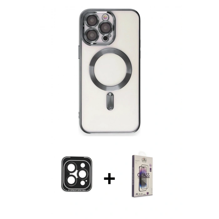 MARSİLYAN™- iPhone 15 Pro Max Kılıf Nova Işık Özel Seri - Siyah Bilvis 3D Cam Ekran Koruyucu + PVD Metal Kamera Lens - SH