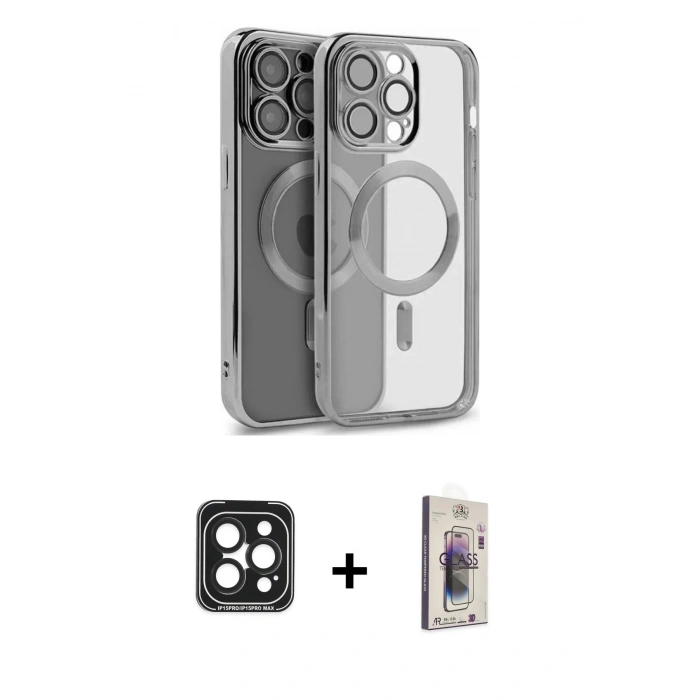 MARSİLYAN™- iPhone 15 Pro Max Kılıf Nova Işık Özel Seri - Siyah Bilvis 3D Cam Ekran Koruyucu + PVD Metal Kamera Lens - SH