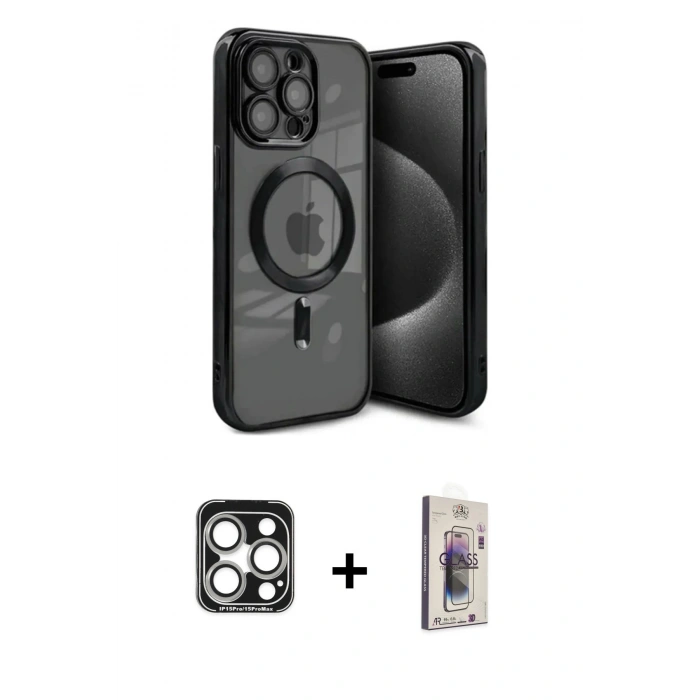 MARSİLYAN™- iPhone 15 Pro Max Kılıf Nova Işık Özel Seri - Siyah Bilvis 3D Cam Ekran Koruyucu + PVD Metal Kamera Lens - GS