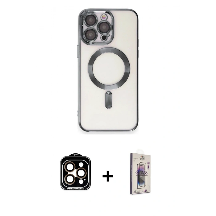MARSİLYAN™- iPhone 15 Pro Max Kılıf Nova Işık Özel Seri - Siyah Bilvis 3D Cam Ekran Koruyucu + PVD Metal Kamera Lens - TU