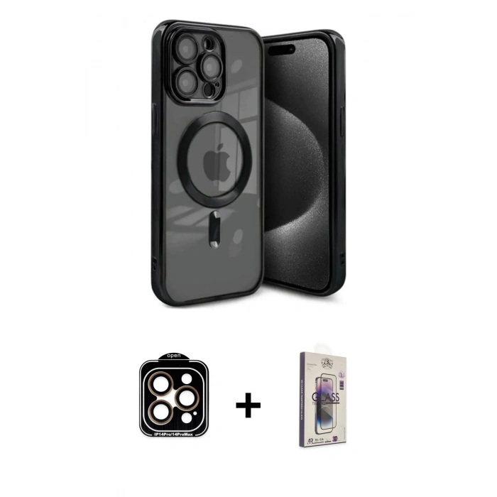 MARSİLYAN™- iPhone 15 Pro Max Kılıf Nova Işık Özel Seri - Siyah Bilvis 3D Cam Ekran Koruyucu + PVD Metal Kamera Lens - TU