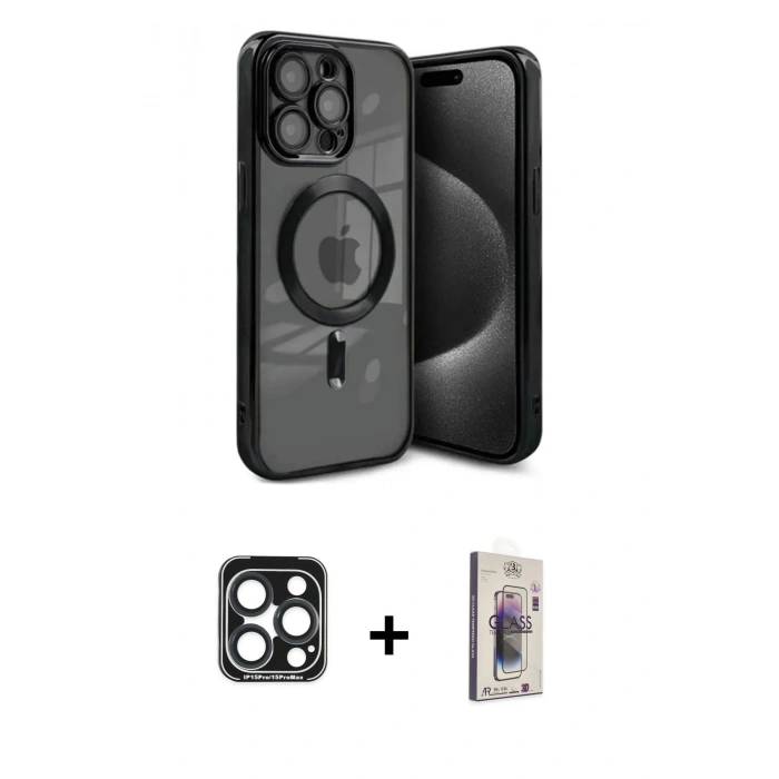 MARSİLYAN™- iPhone 15 Pro Max Kılıf Nova Işık Özel Seri - Siyah Bilvis 3D Cam Ekran Koruyucu + PVD Metal Kamera Lens - LT