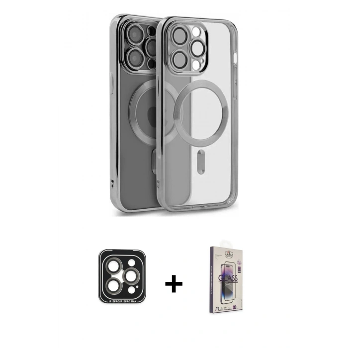 MARSİLYAN™- iPhone 15 Pro Max Kılıf Nova Işık Özel Seri - Siyah Bilvis 3D Cam Ekran Koruyucu + PVD Metal Kamera Lens - GI
