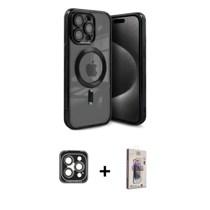 MARSİLYAN™- iPhone 15 Pro Max Kılıf Nova Işık Özel Seri - Siyah Bilvis 3D Cam Ekran Koruyucu + PVD Metal Kamera Lens - GI