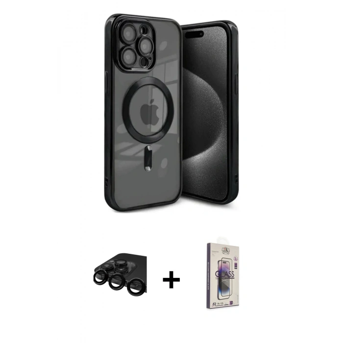 MARSİLYAN™- iPhone 15 Pro Max Kılıf Nova Işık Özel Seri - Siyah Bilvis 3D Cam Ekran Koruyucu + Raze Metal Kamera Lens - SH